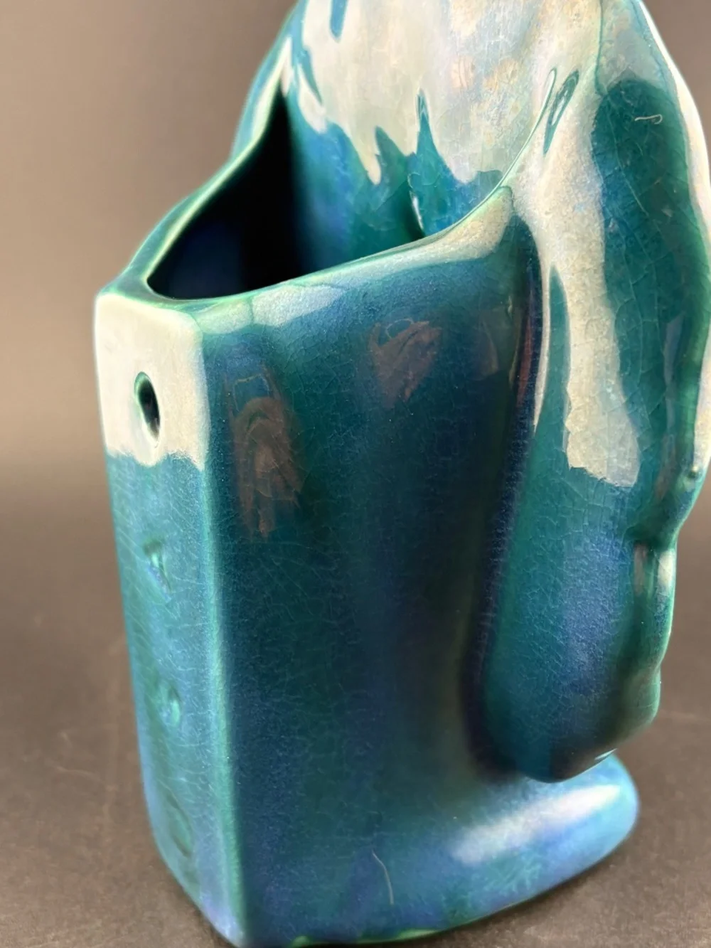 Vintage McCoy Style Peacock Wall Pocket Planter Vase Blue Teal Glaze USA MCMBeau